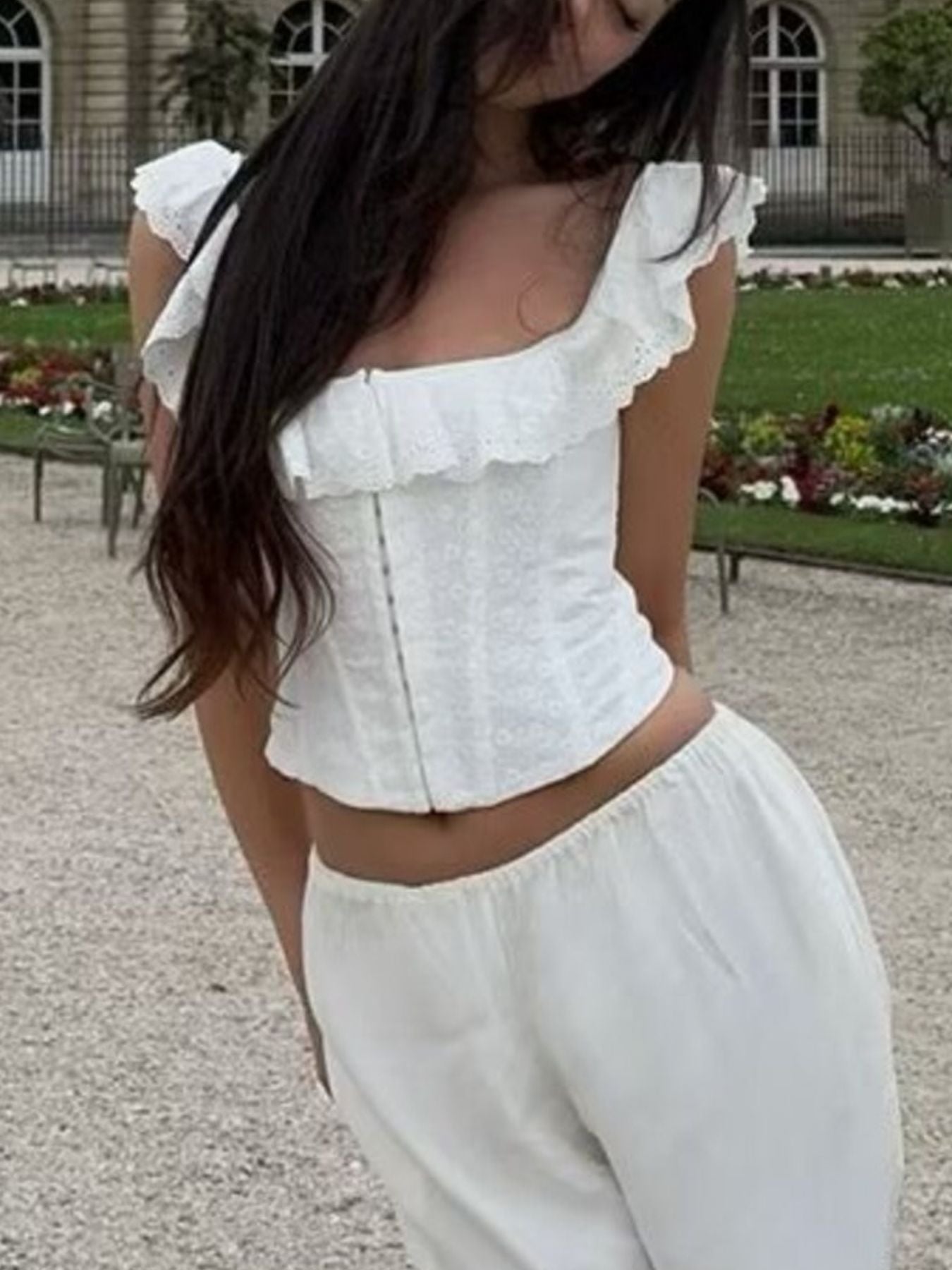 Lace Up Back Eyelet Ruffle Trim Tank - Godess beauty  #
