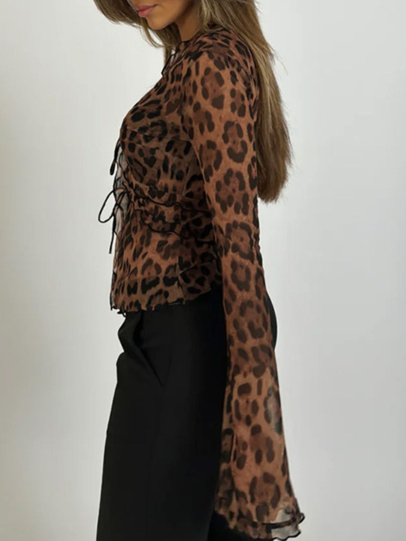 Leopard Print Tie Front Blouse - Godess beauty 
