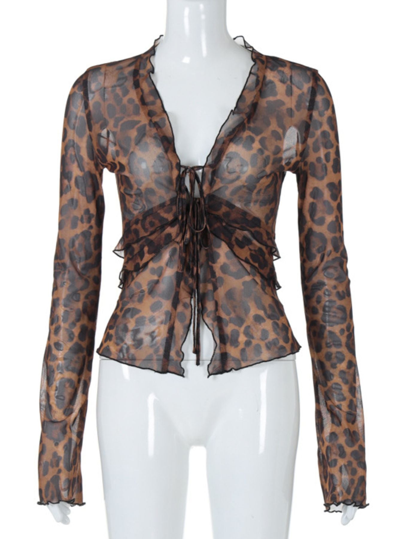 Leopard Print Tie Front Blouse - Godess beauty 