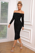 Long Sleeve Off-Shoulder Ruched Dress - Godess beauty 