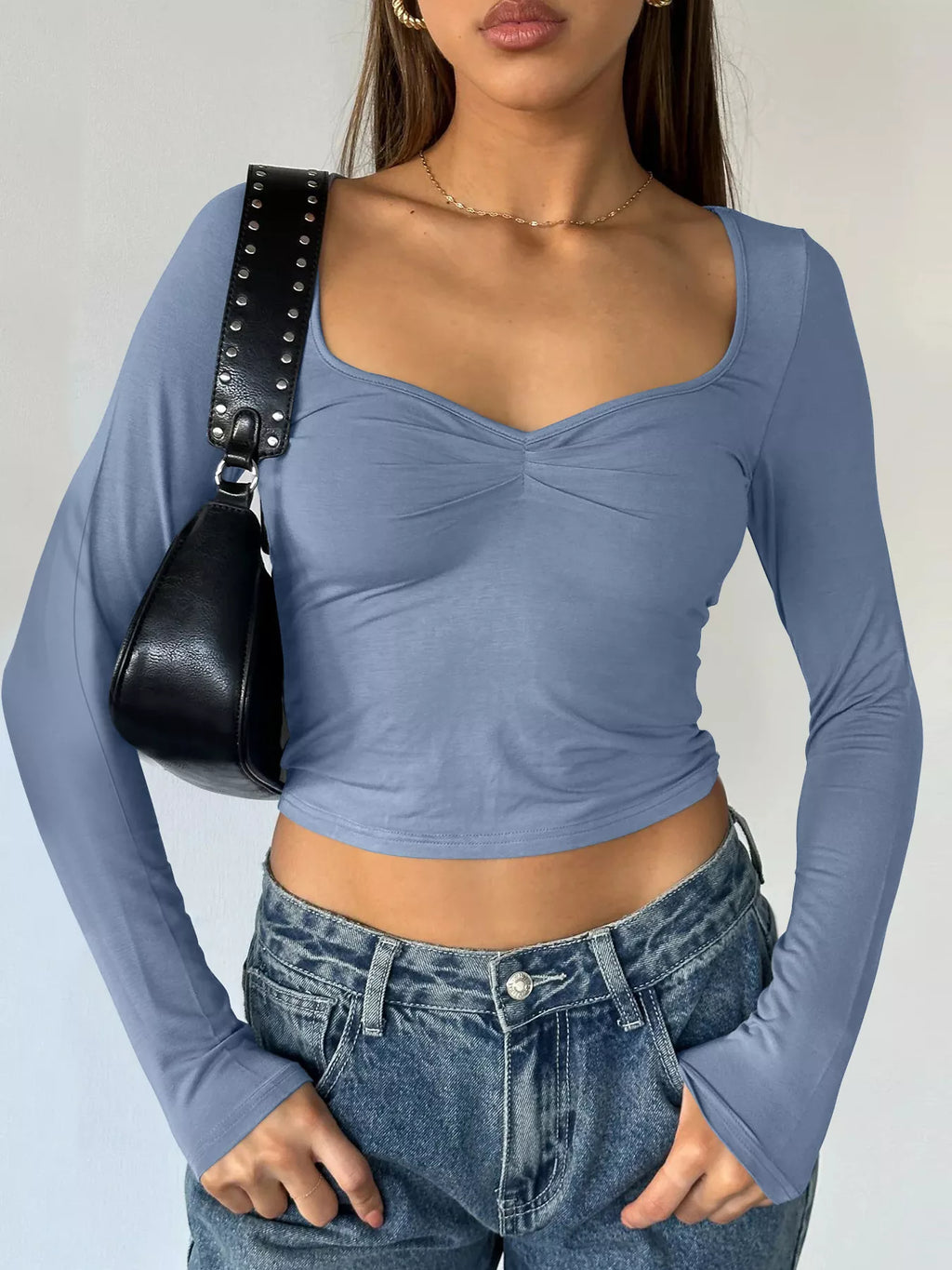 Long Sleeve Sweetheart Neck Crop T-Shirt - Godess beauty 