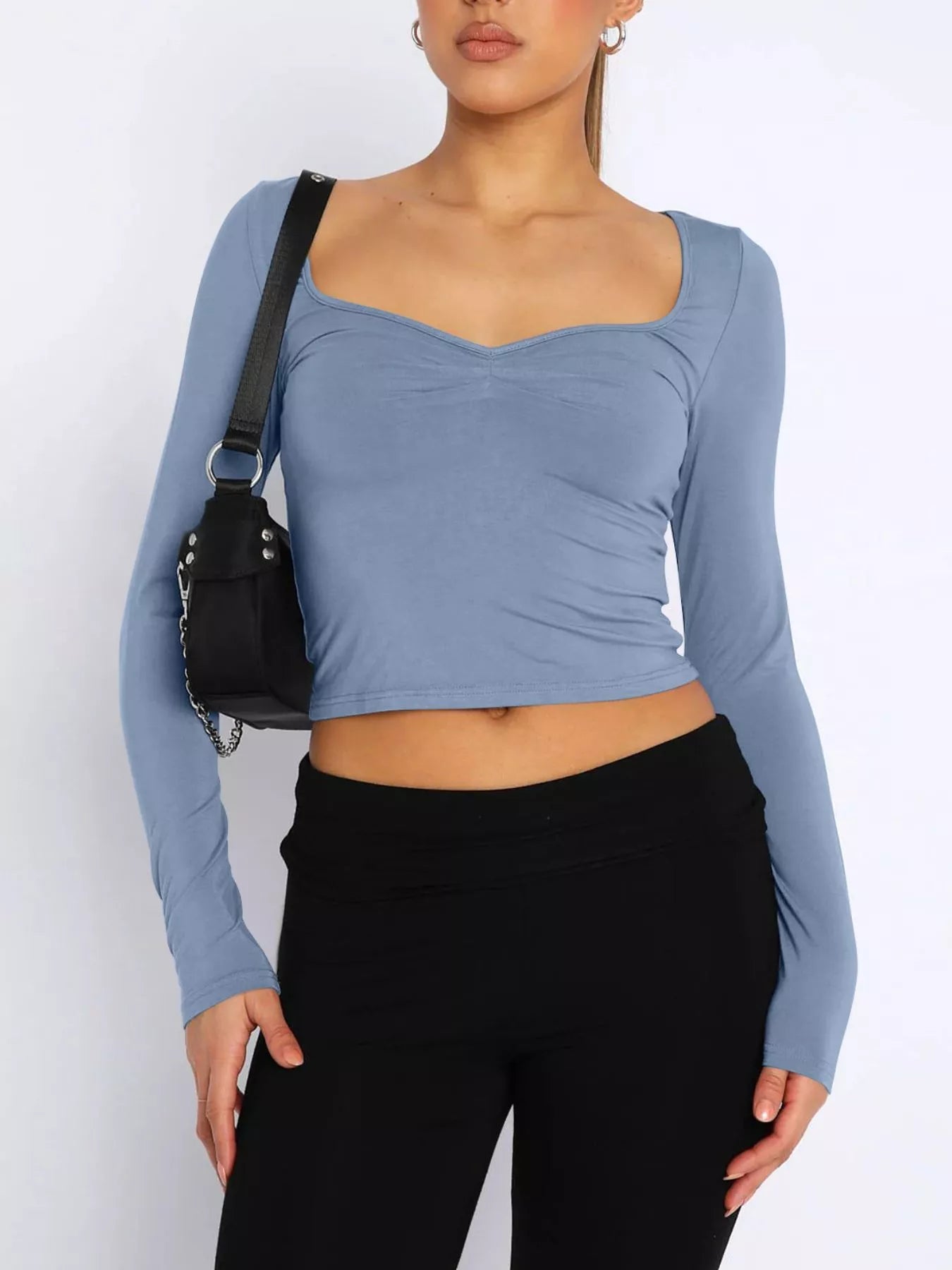 Long Sleeve Sweetheart Neck Crop T-Shirt - Godess beauty 