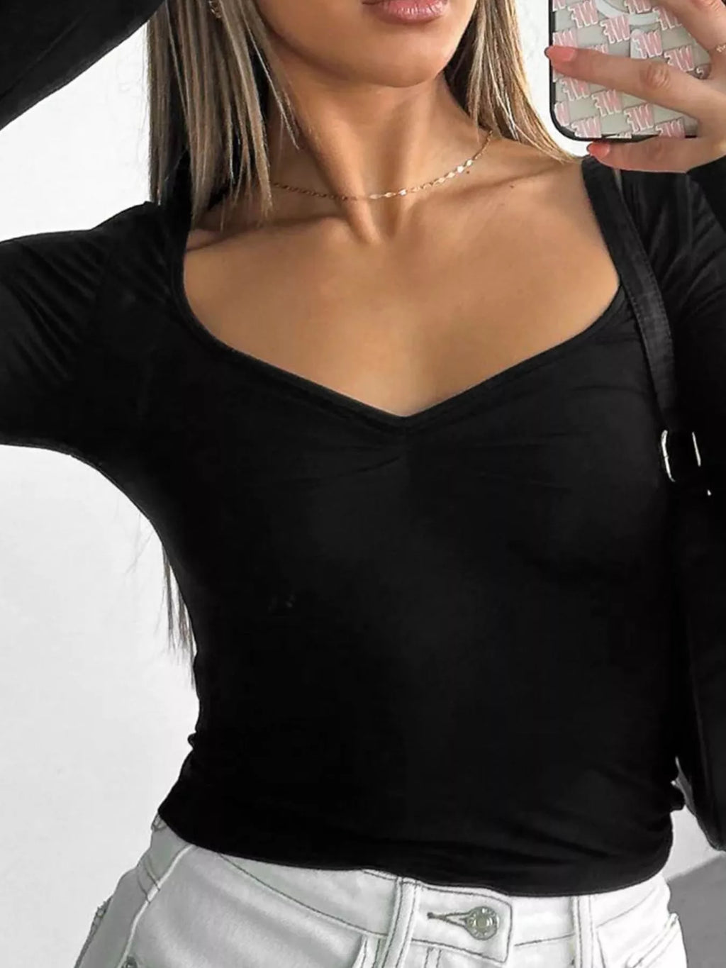 Long Sleeve Sweetheart Neck Crop T-Shirt - Godess beauty 