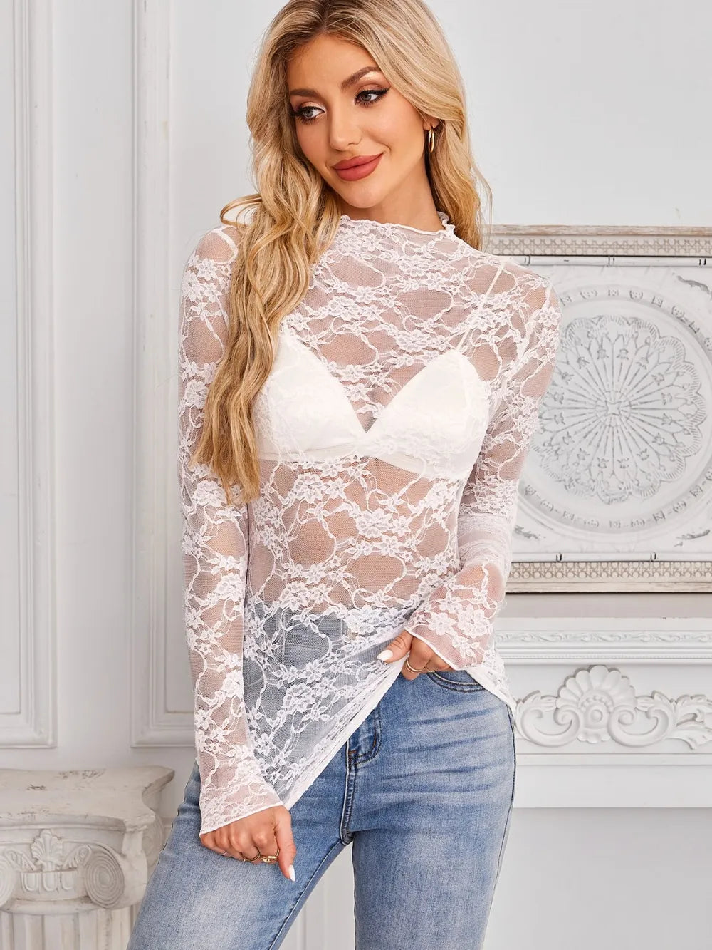 Mock Neck Long Sleeve Lace Sheer Top - Godess beauty 