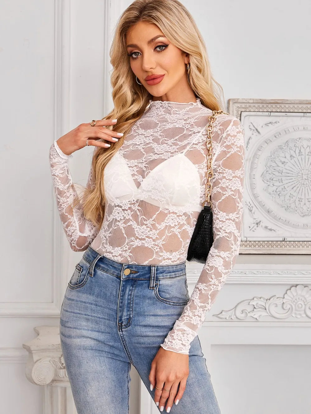 Mock Neck Long Sleeve Lace Sheer Top - Godess beauty 