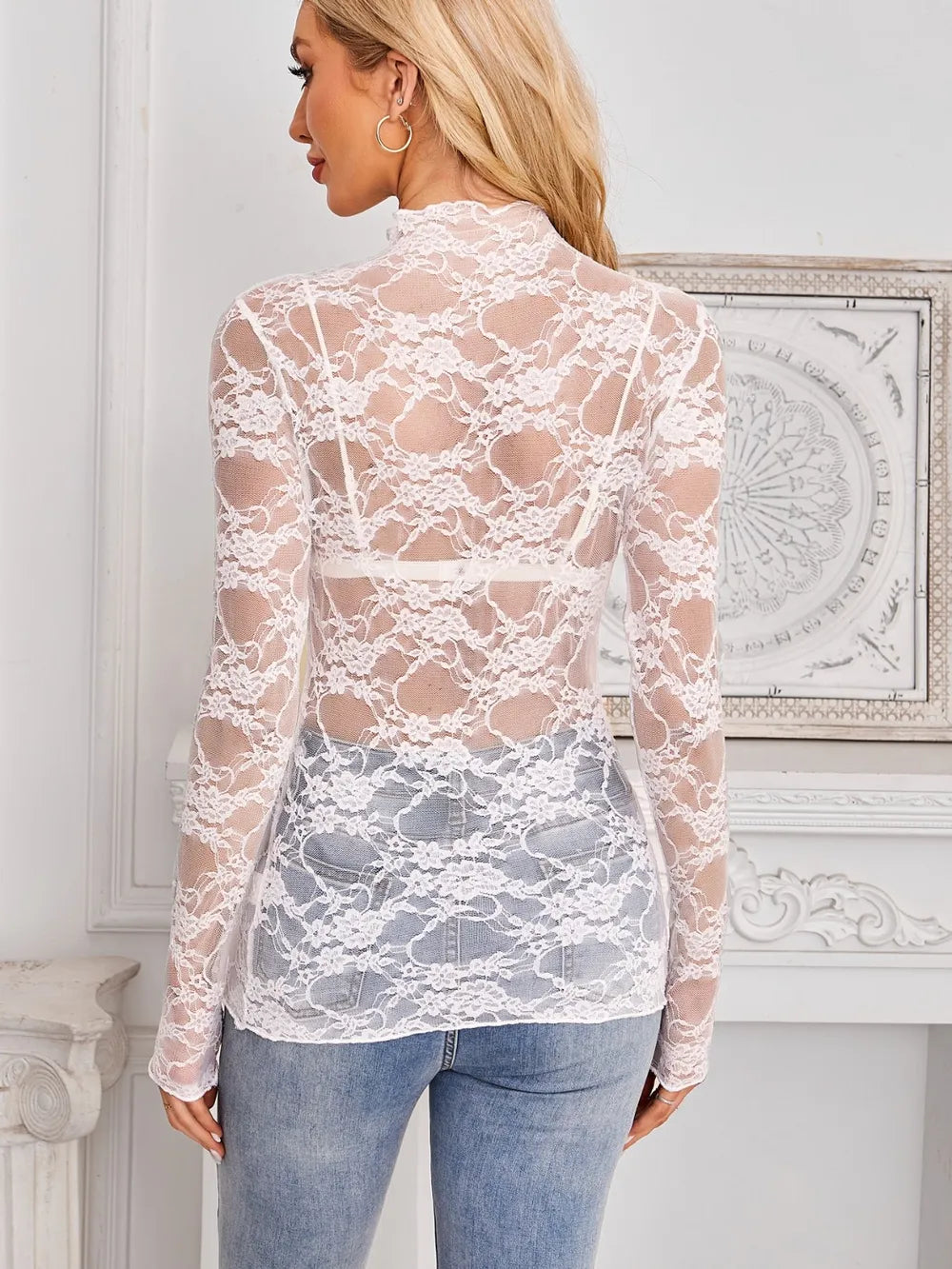 Mock Neck Long Sleeve Lace Sheer Top - Godess beauty 