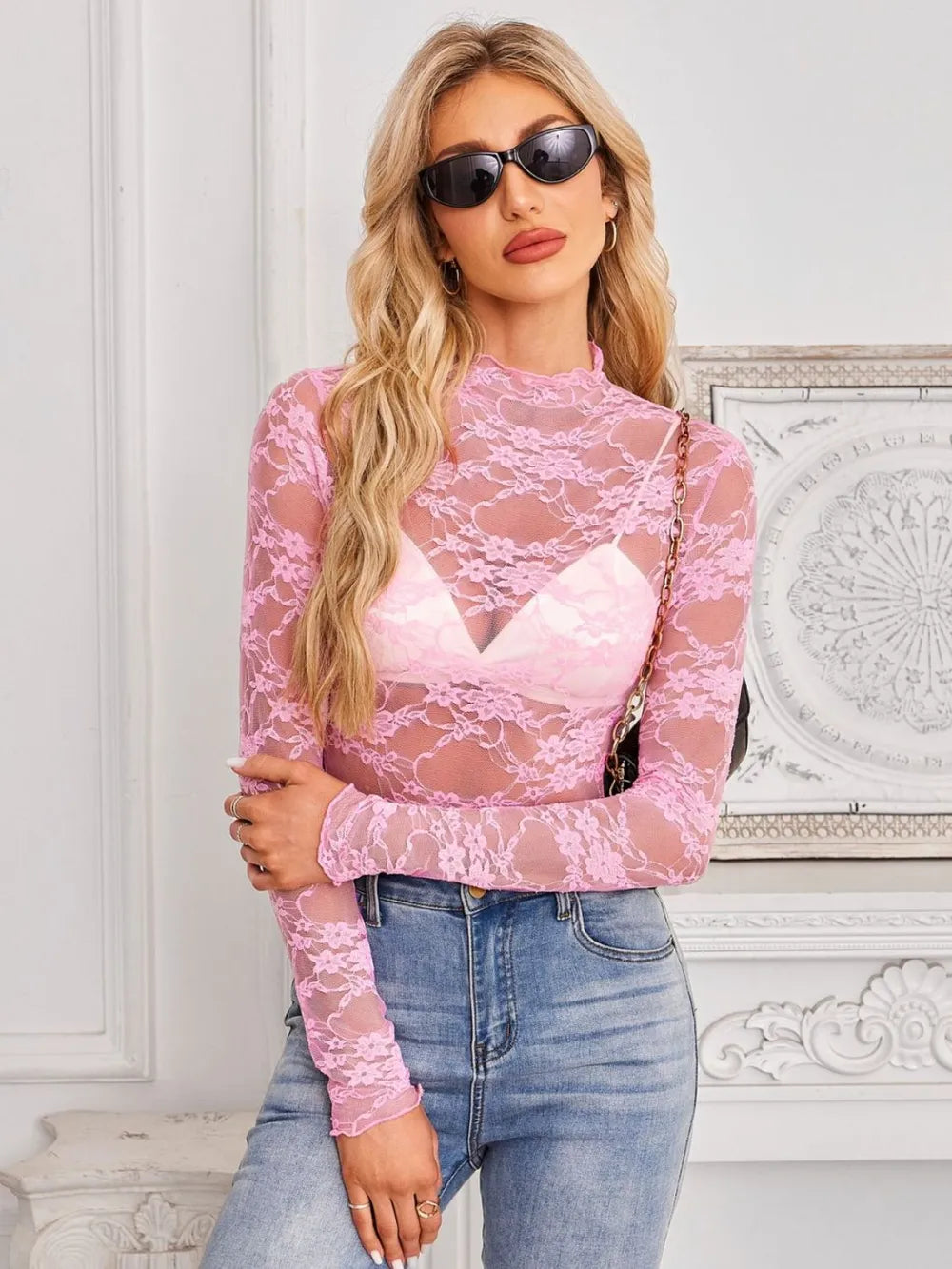 Mock Neck Long Sleeve Lace Sheer Top - Godess beauty 