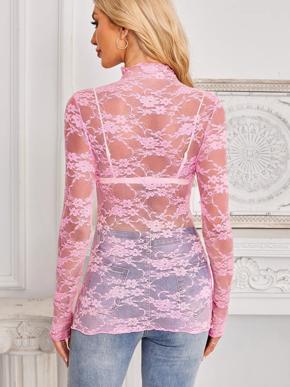Mock Neck Long Sleeve Lace Sheer Top - Godess beauty 