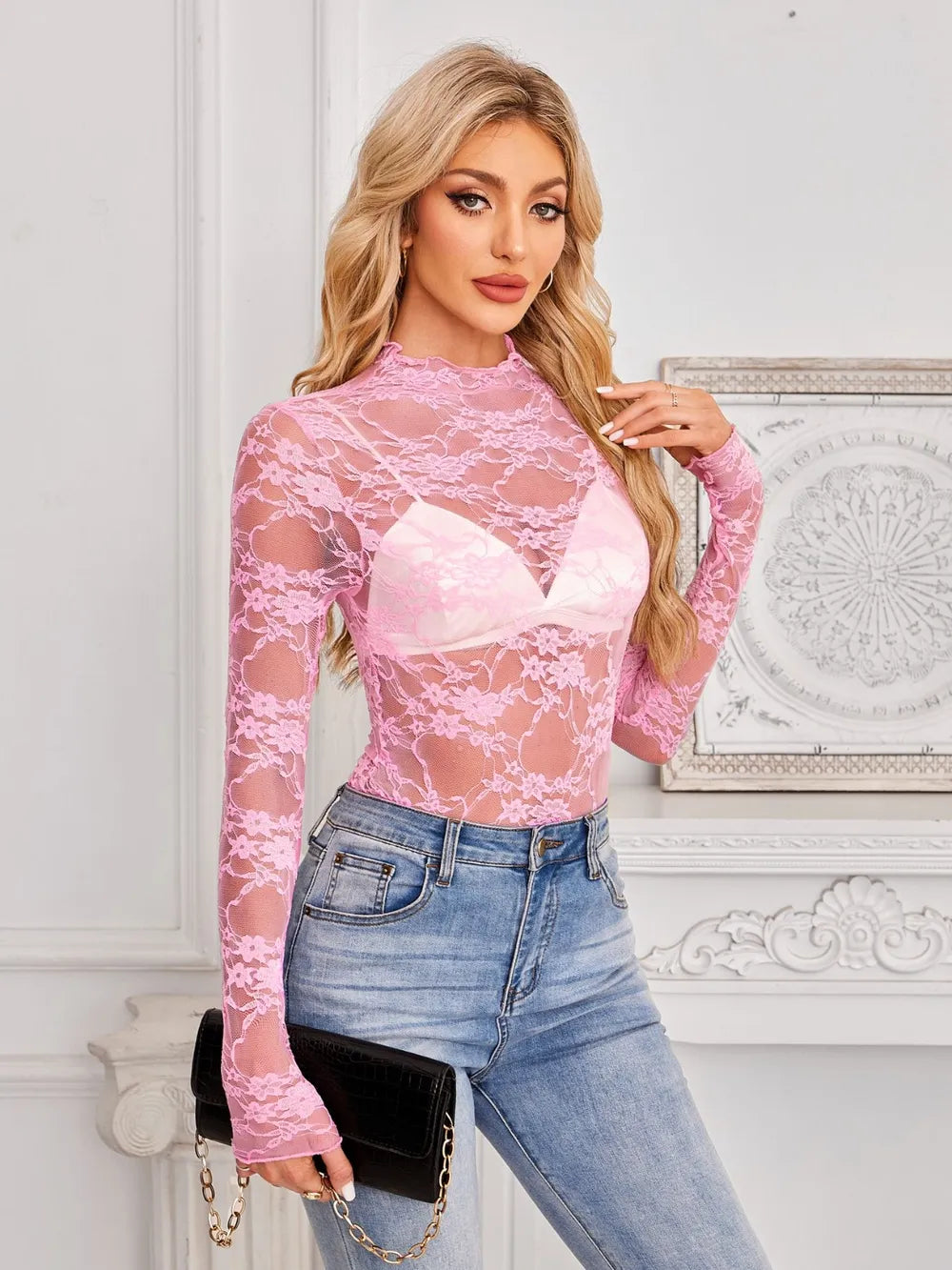 Mock Neck Long Sleeve Lace Sheer Top - Godess beauty 