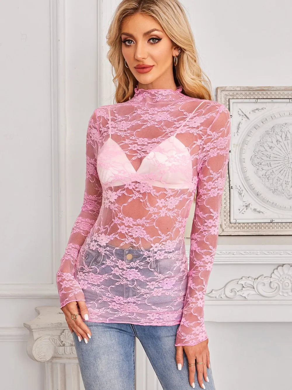 Mock Neck Long Sleeve Lace Sheer Top - Godess beauty 
