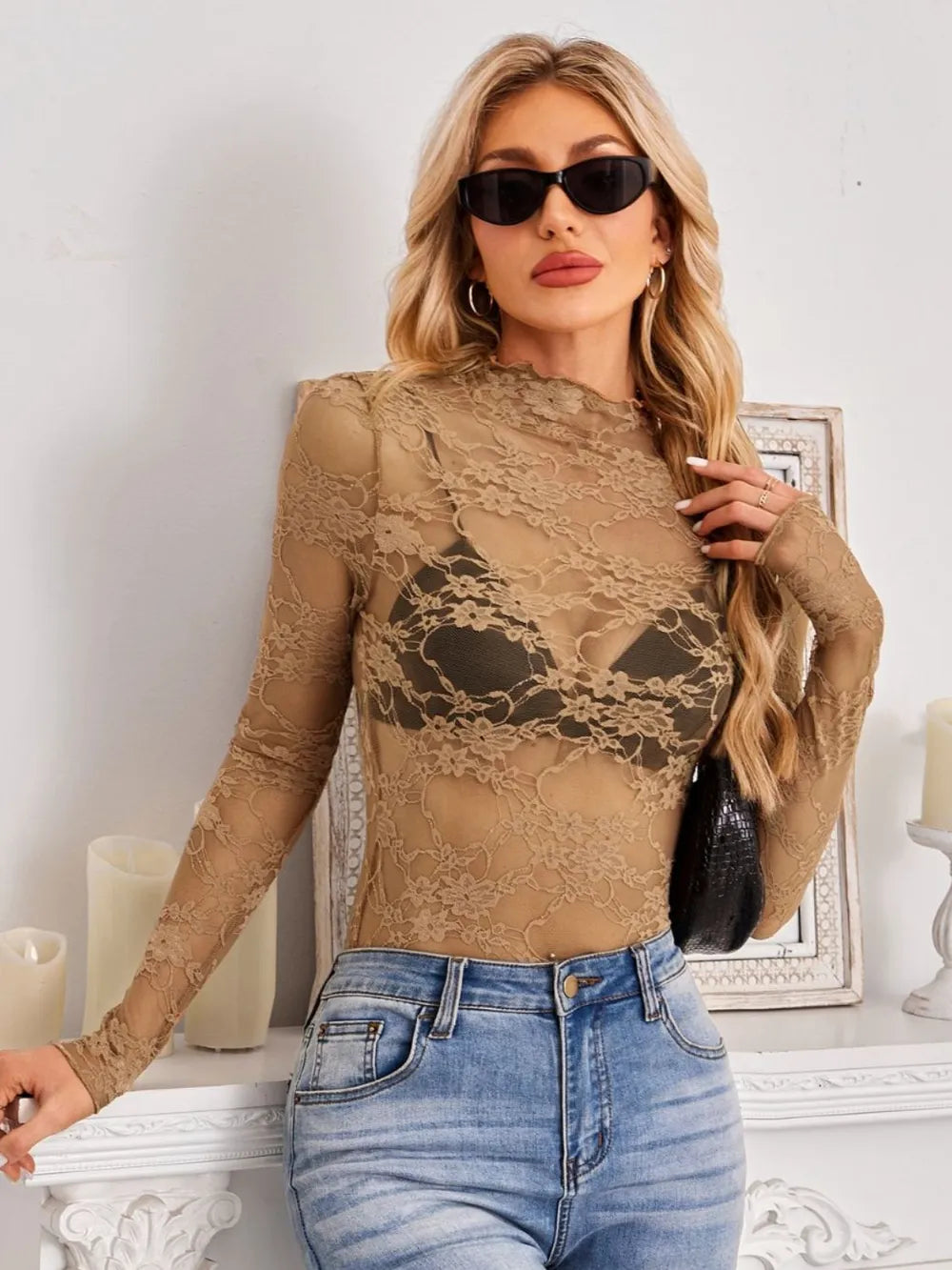 Mock Neck Long Sleeve Lace Sheer Top - Godess beauty 