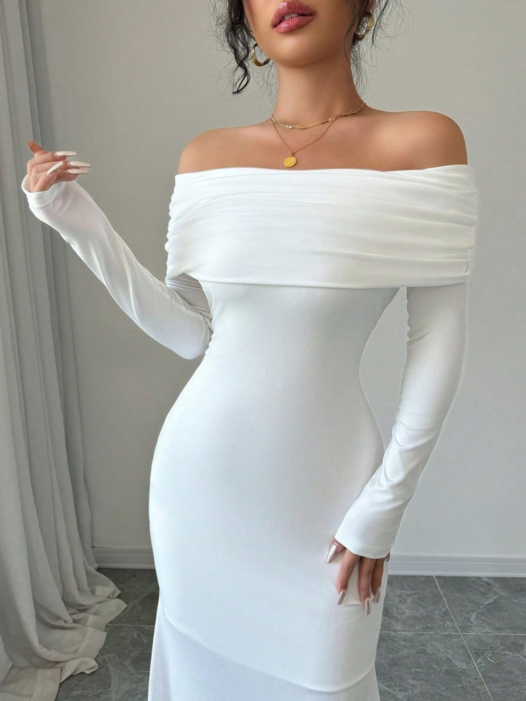 Off-Shoulder Ruched Bodycon Maxi Dress - Godess beauty 