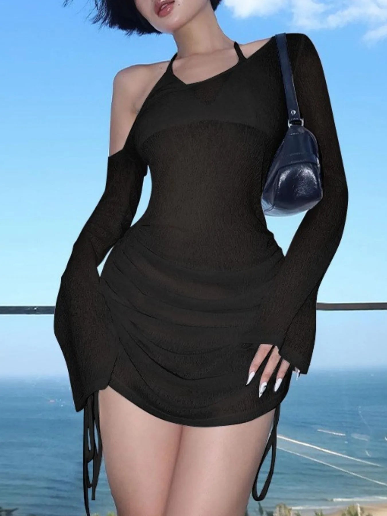 One-Shoulder Bell Sleeve Ruched Mini Cover-Up Dress - Godess beauty 
