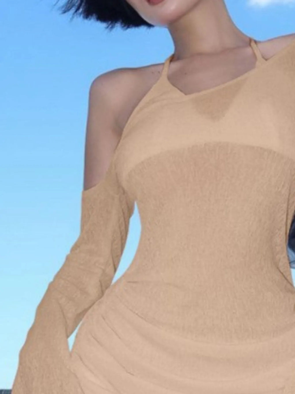 One-Shoulder Bell Sleeve Ruched Mini Cover-Up Dress - Godess beauty 