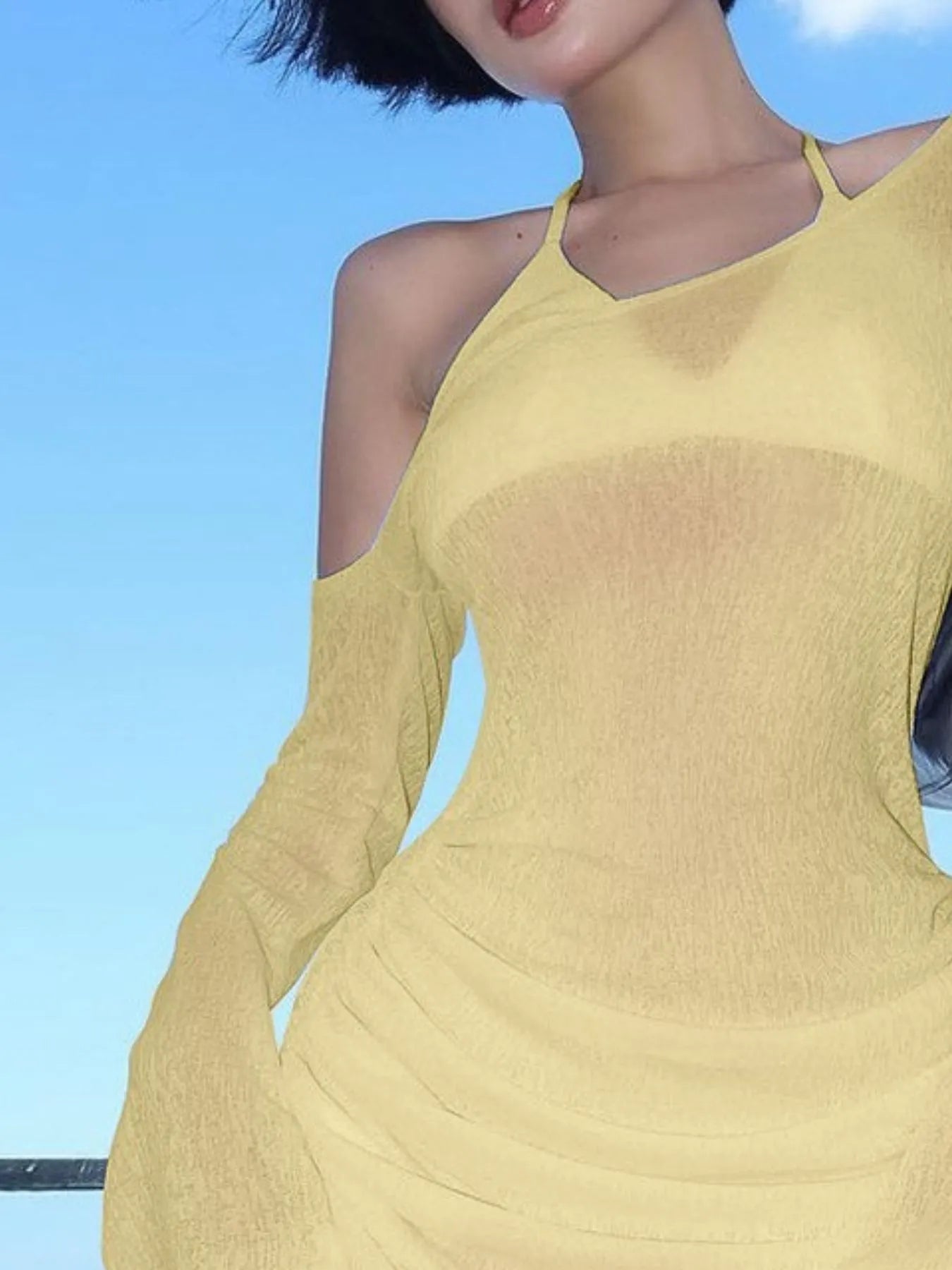One-Shoulder Bell Sleeve Ruched Mini Cover-Up Dress - Godess beauty 