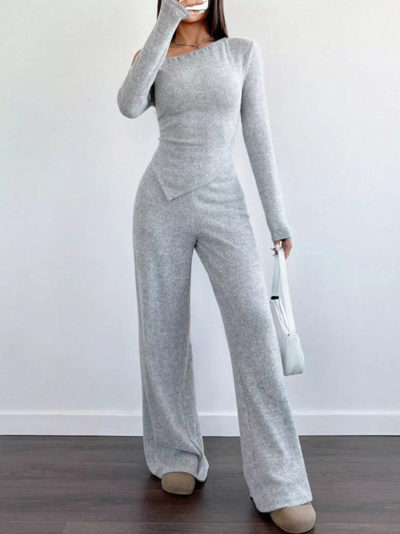 One-Shoulder Long Sleeve Top and Pants Set - Godess beauty 
