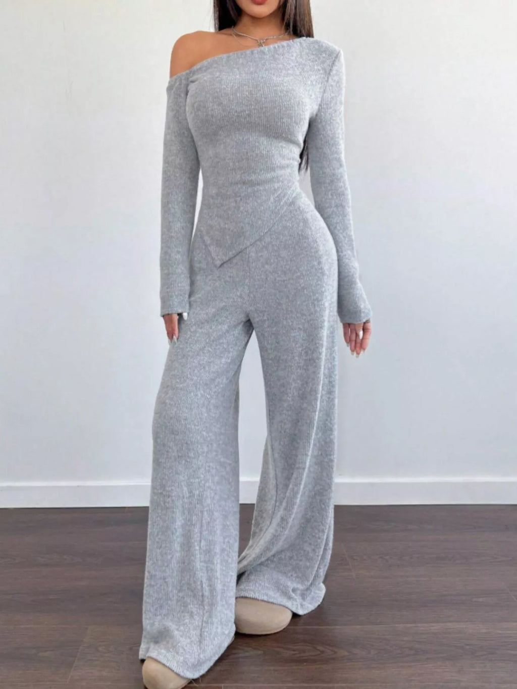 One-Shoulder Long Sleeve Top and Pants Set - Godess beauty 