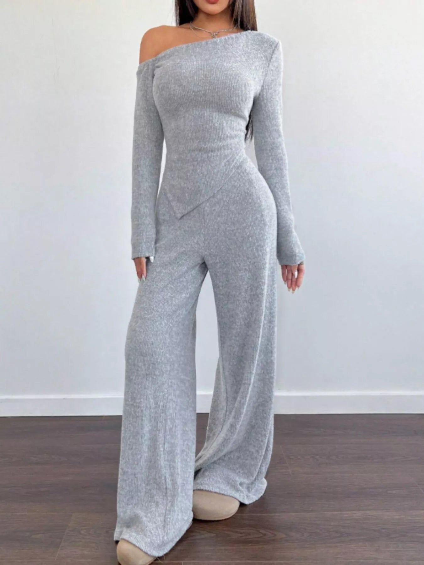 One-Shoulder Long Sleeve Top and Pants Set - Godess beauty 