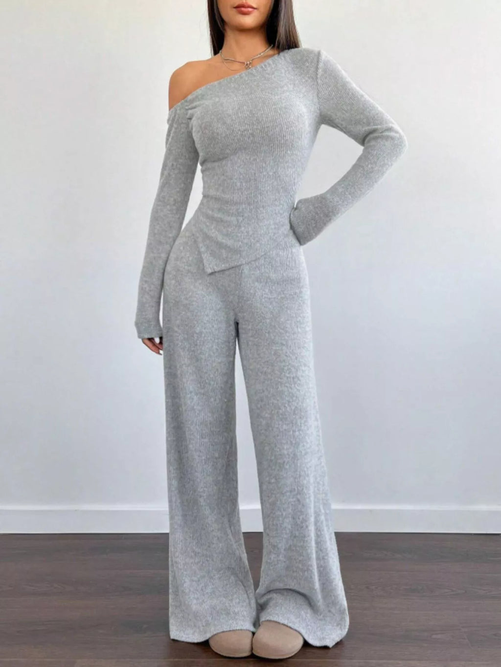 One-Shoulder Long Sleeve Top and Pants Set - Godess beauty 