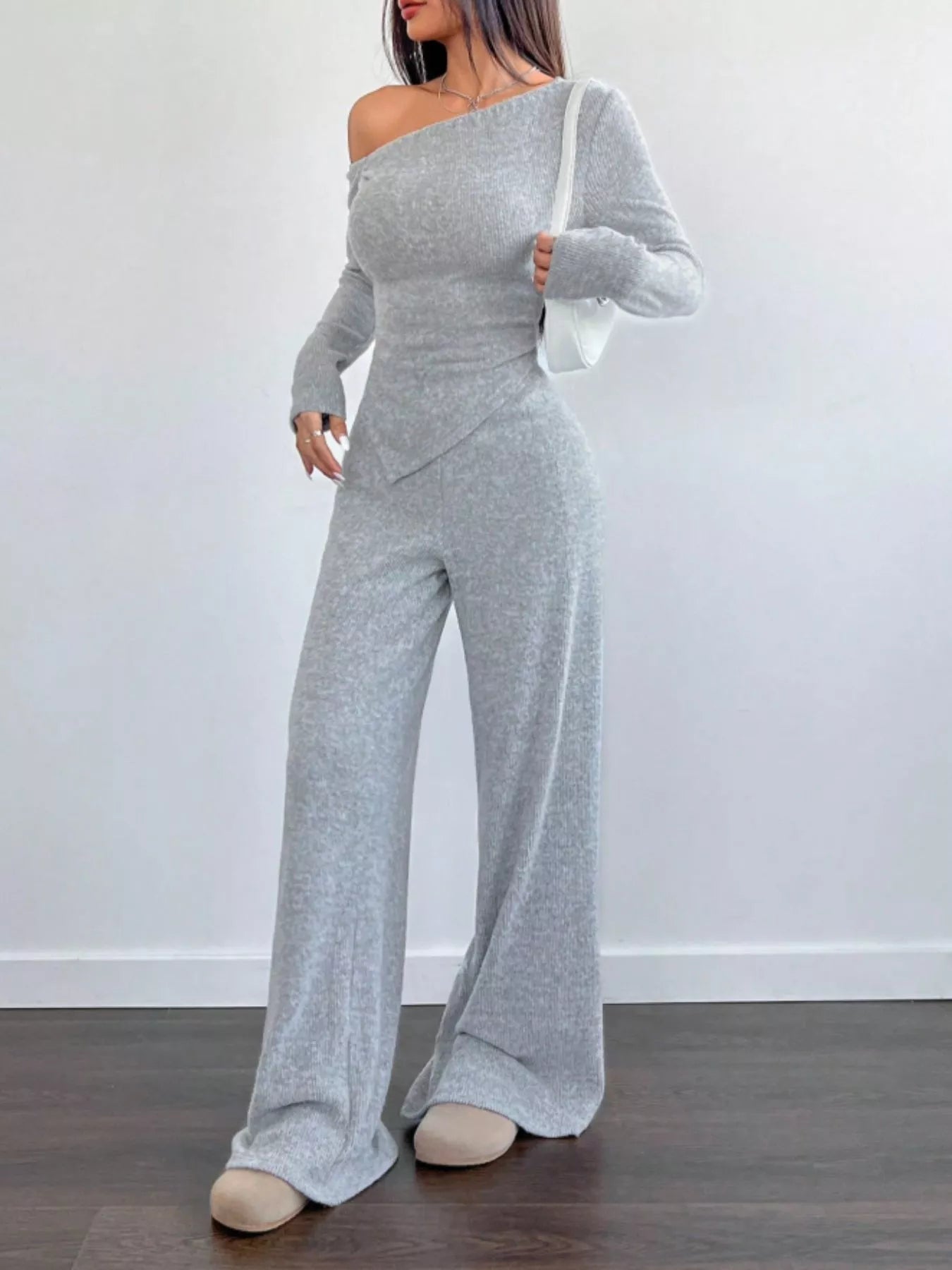One-Shoulder Long Sleeve Top and Pants Set - Godess beauty 
