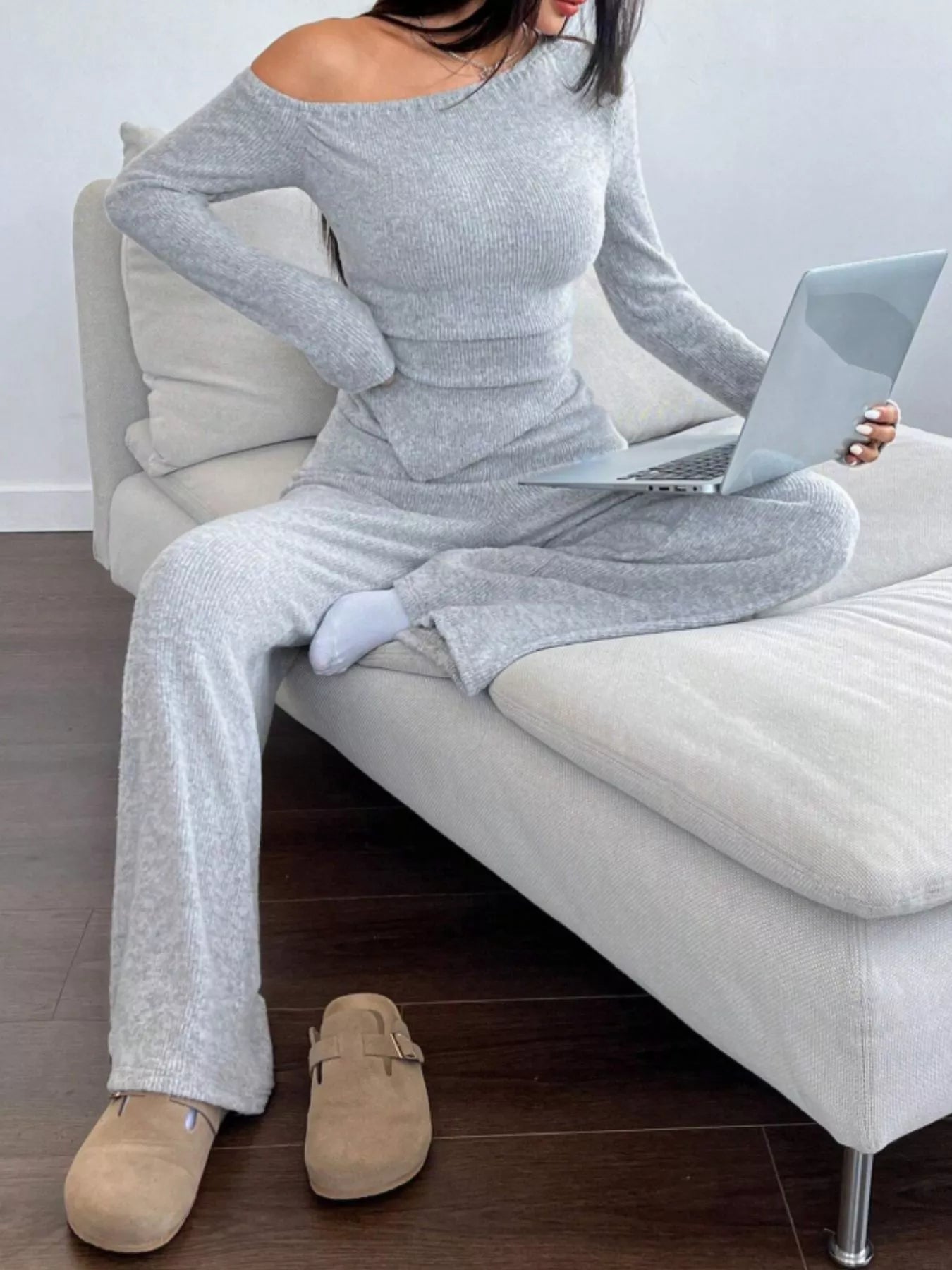 One-Shoulder Long Sleeve Top and Pants Set - Godess beauty 