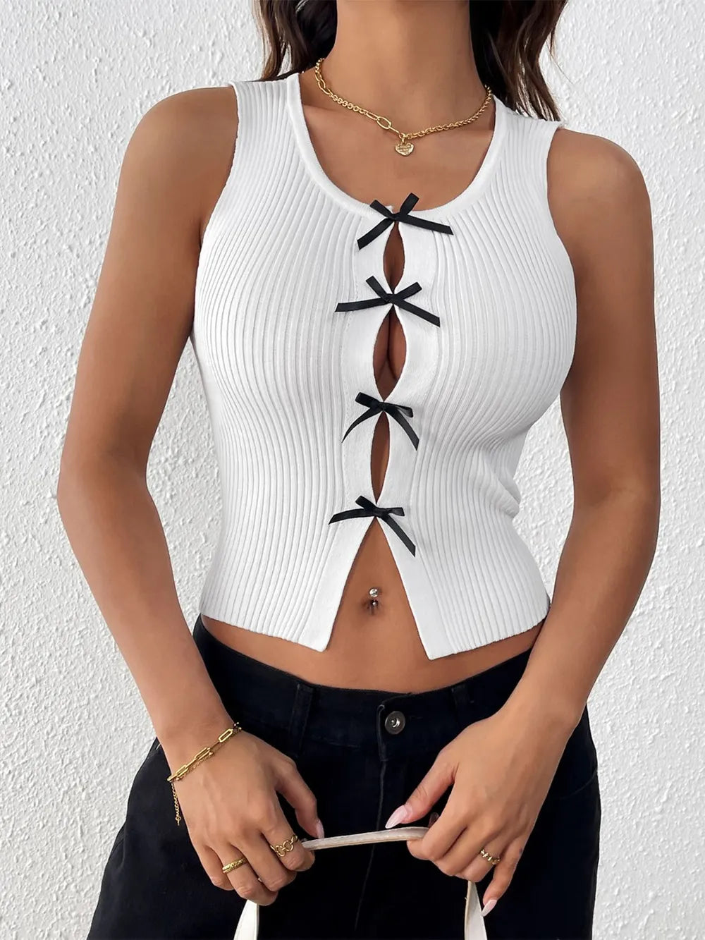 Perfee Bow Front Round Neck Tank - Godess beauty 