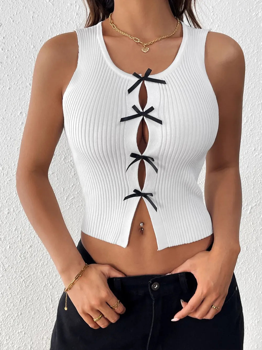 Perfee Bow Front Round Neck Tank - Godess beauty 