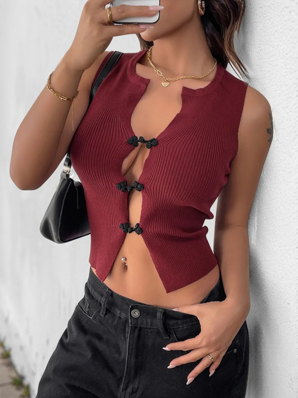 Perfee Ribbed Knot Button Cropped Tank - Godess beauty 
