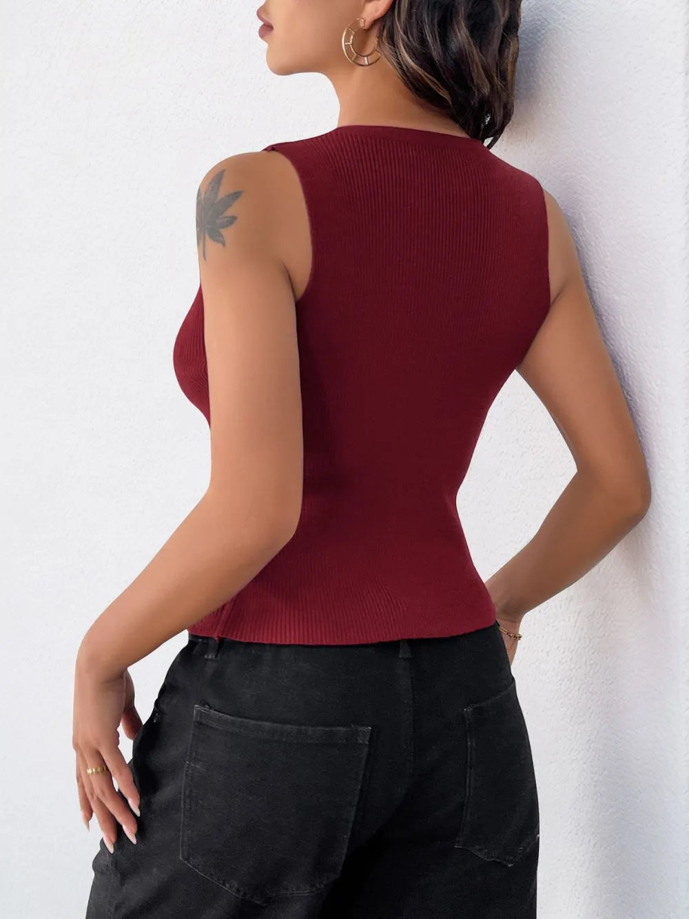 Perfee Ribbed Knot Button Cropped Tank - Godess beauty 