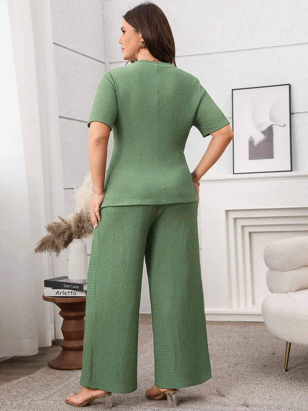 Plus Size Asymmetrical Round Neck Short Sleeve Top and Pants Set - Godess beauty 