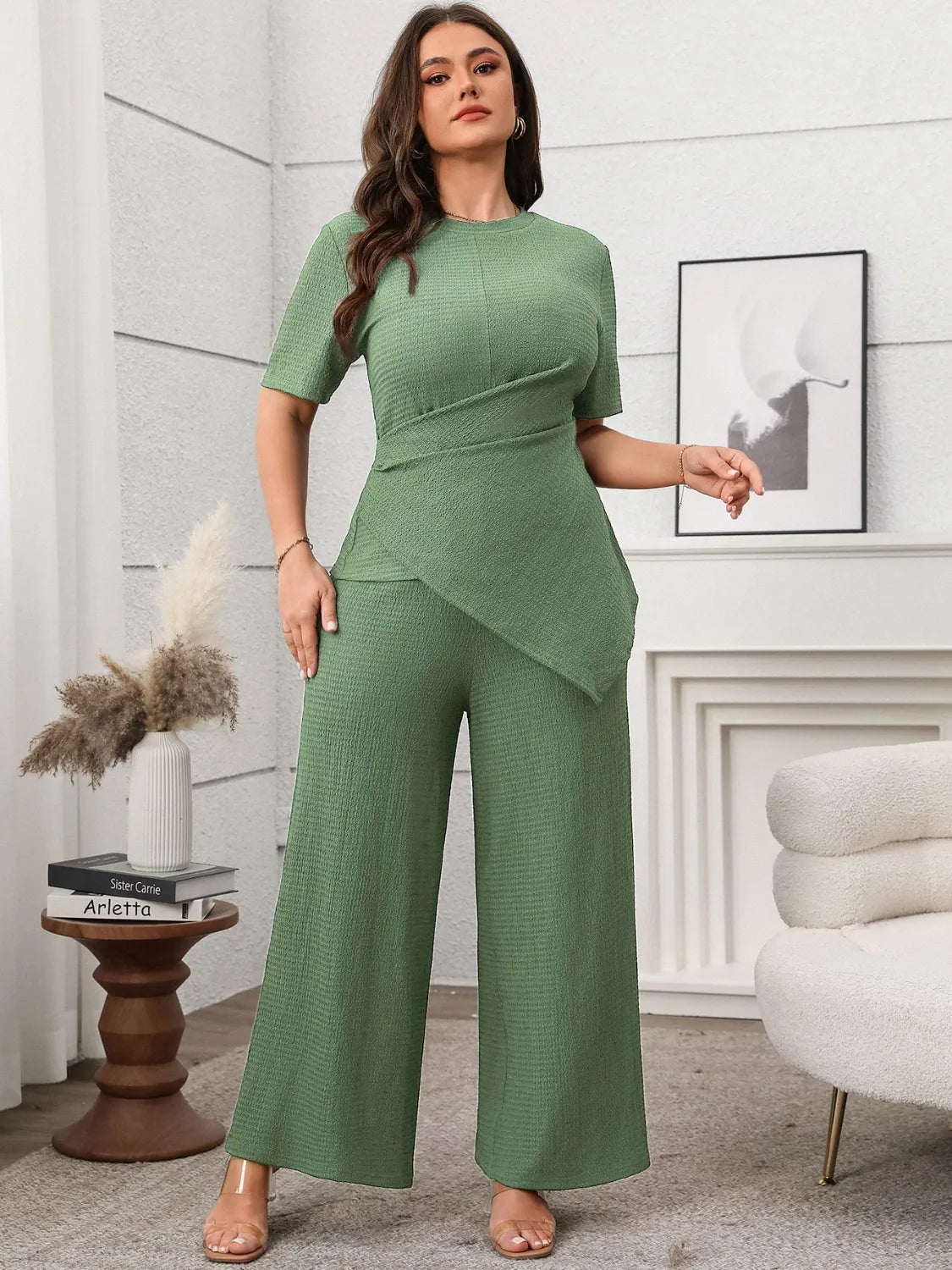 Plus Size Asymmetrical Round Neck Short Sleeve Top and Pants Set - Godess beauty 
