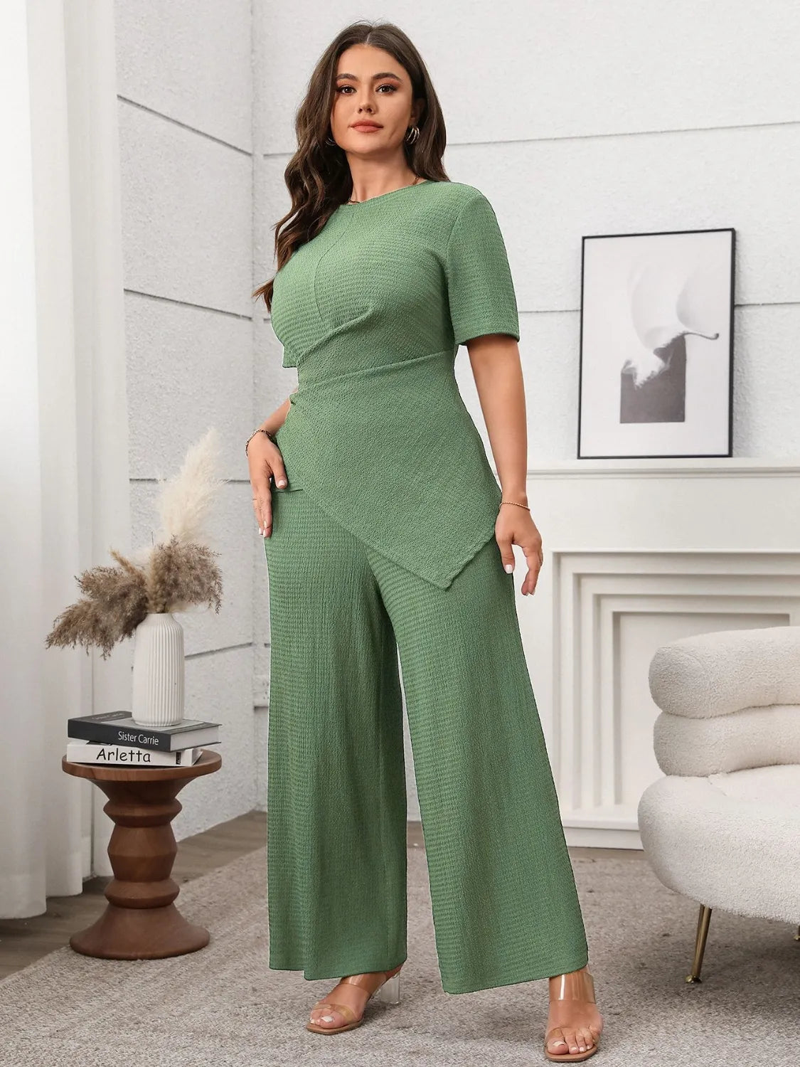 Plus Size Asymmetrical Round Neck Short Sleeve Top and Pants Set - Godess beauty 