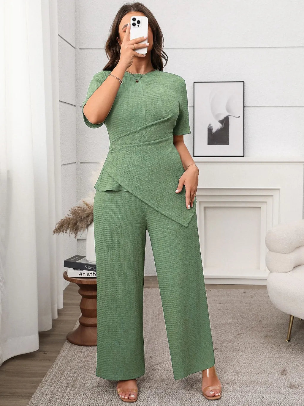 Plus Size Asymmetrical Round Neck Short Sleeve Top and Pants Set - Godess beauty 