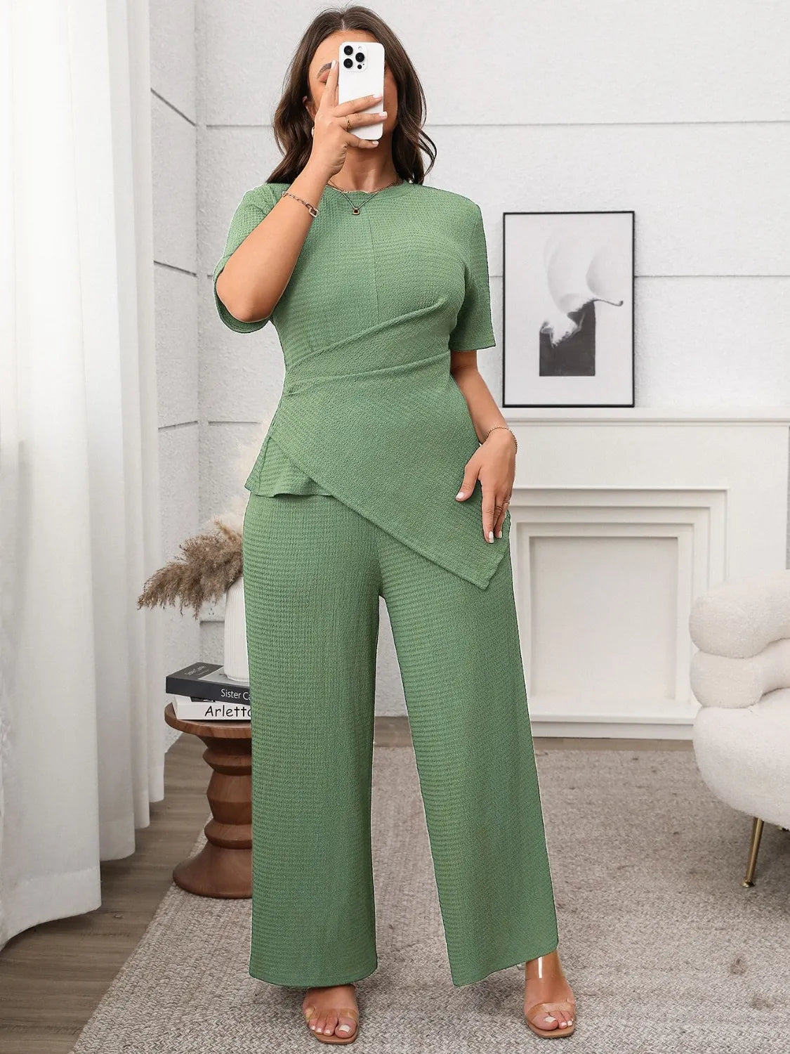 Plus Size Asymmetrical Round Neck Short Sleeve Top and Pants Set - Godess beauty 