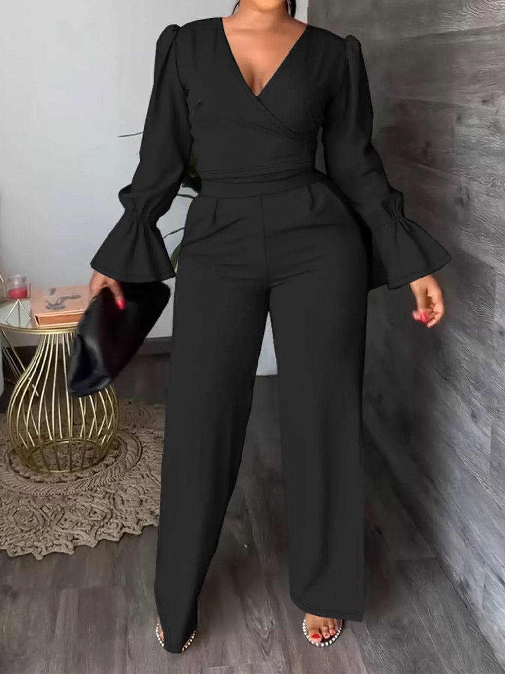 Plus Size Flounce Sleeve Top and Pants Set - Godess beauty 