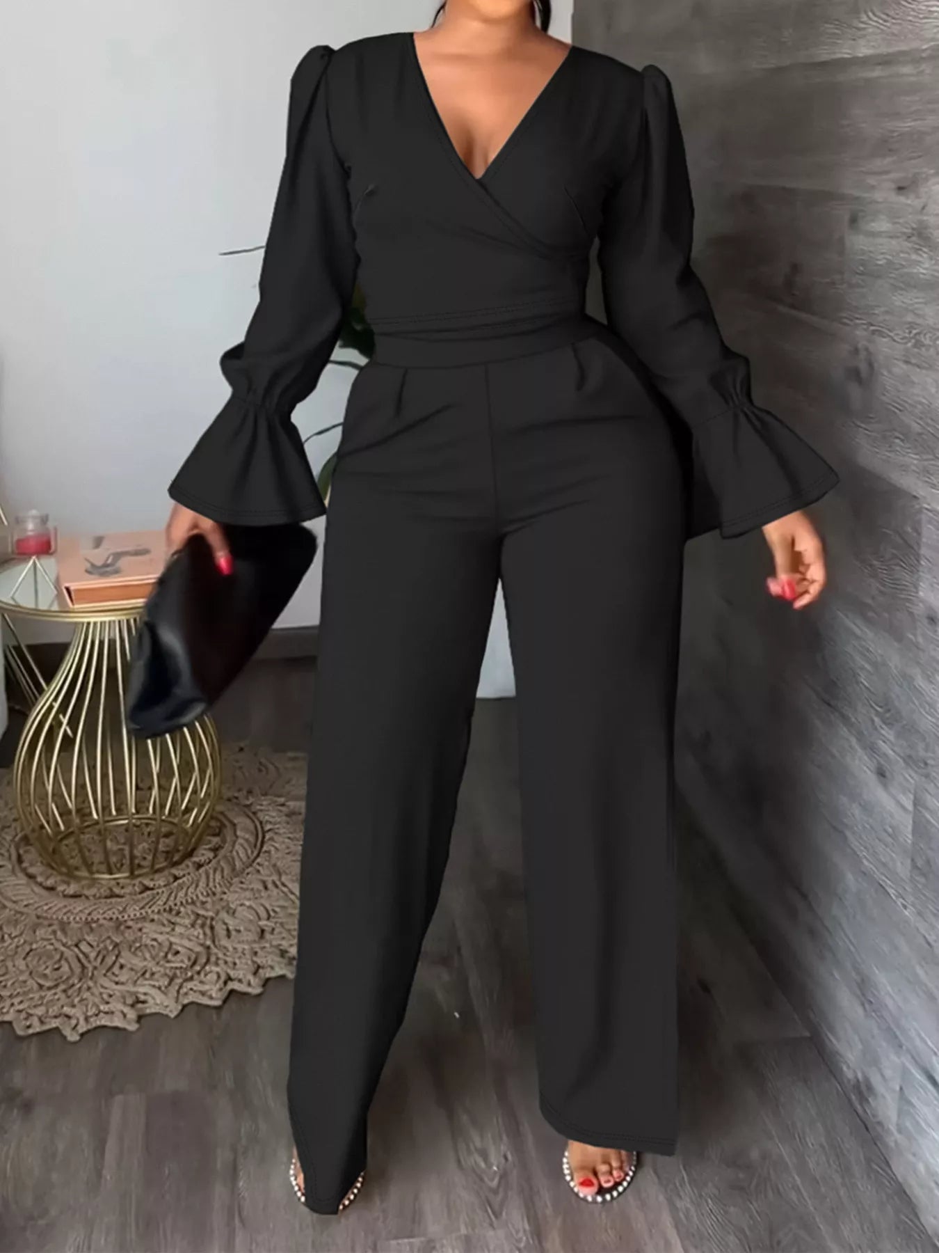Plus Size Flounce Sleeve Top and Pants Set - Godess beauty 
