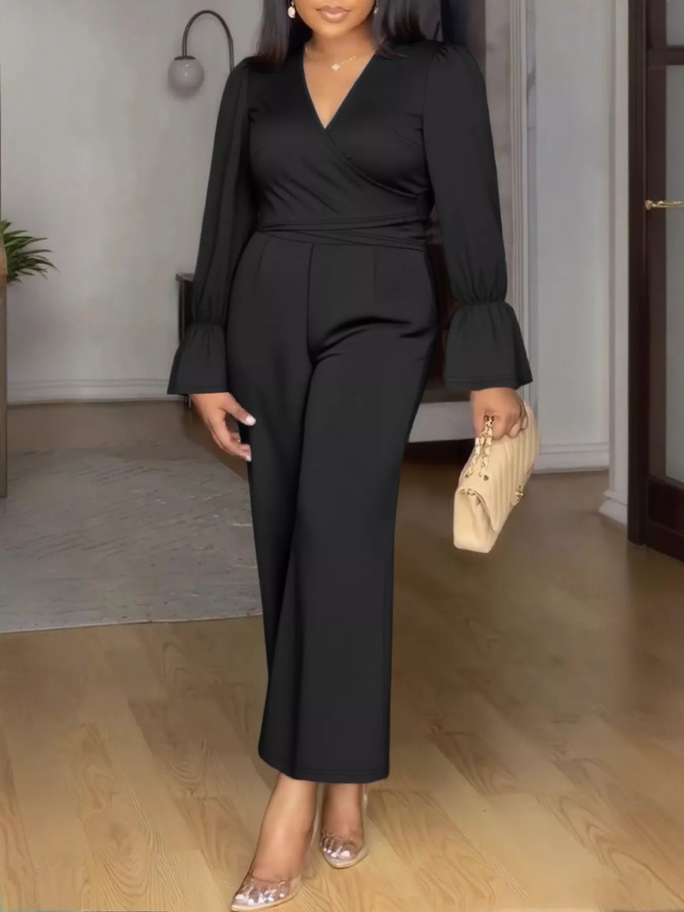 Plus Size Flounce Sleeve Top and Pants Set - Godess beauty 