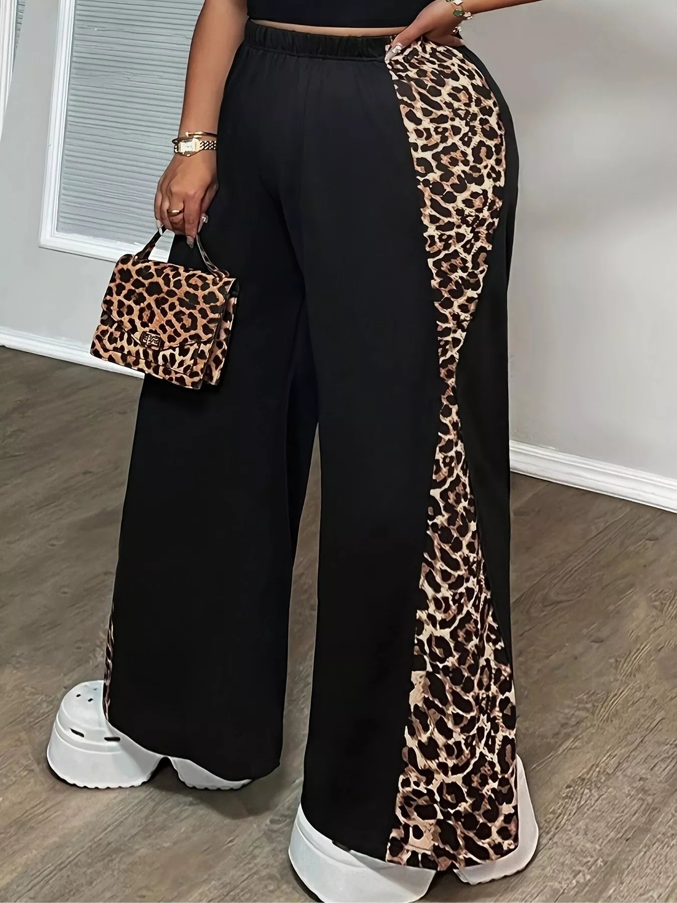 Plus Size Leopard Print Wide Leg Pants - Godess beauty 
