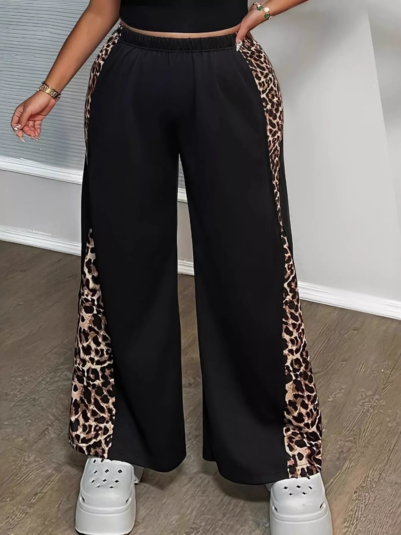 Plus Size Leopard Print Wide Leg Pants - Godess beauty 