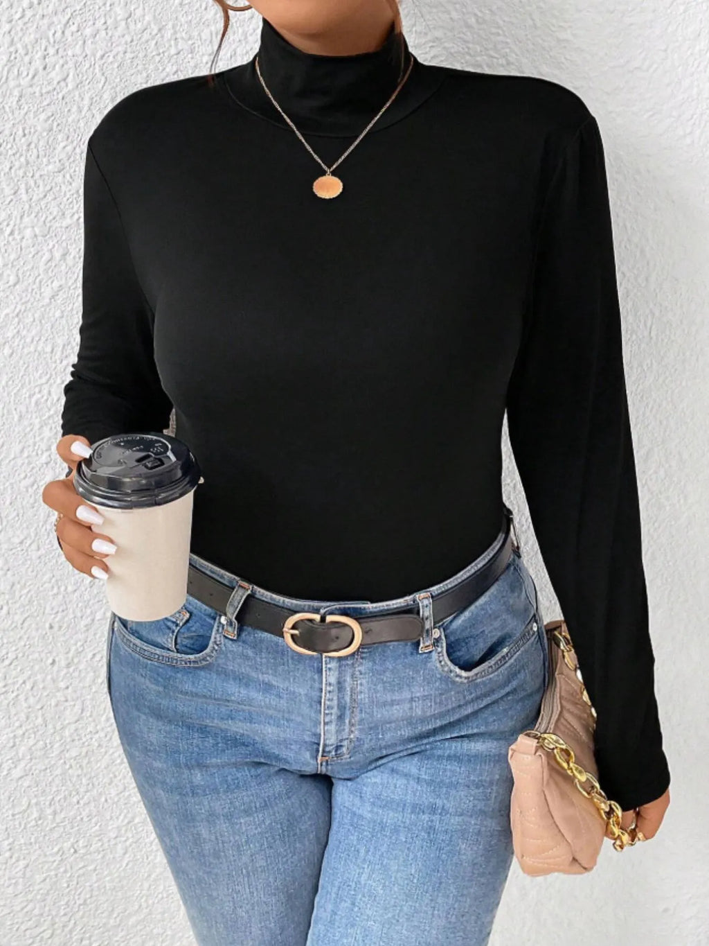 Plus Size Long Sleeve Fitted Turtleneck T-Shirt - Godess beauty 