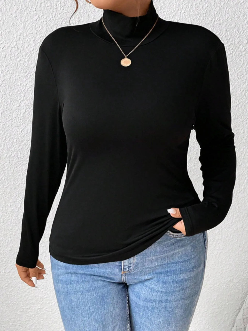 Plus Size Long Sleeve Fitted Turtleneck T-Shirt - Godess beauty 