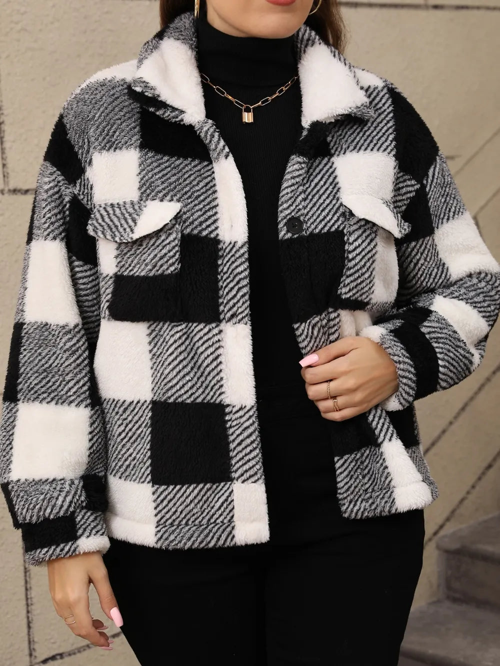 Plus Size Pocketed Plaid Collared Neck Jacket - Godess beauty 