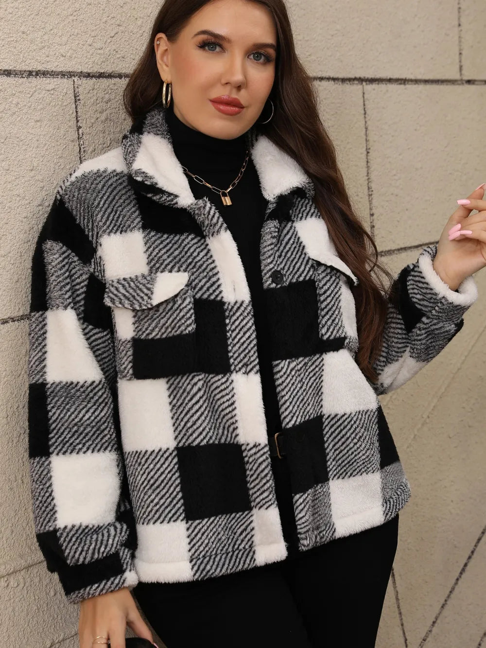 Plus Size Pocketed Plaid Collared Neck Jacket - Godess beauty 