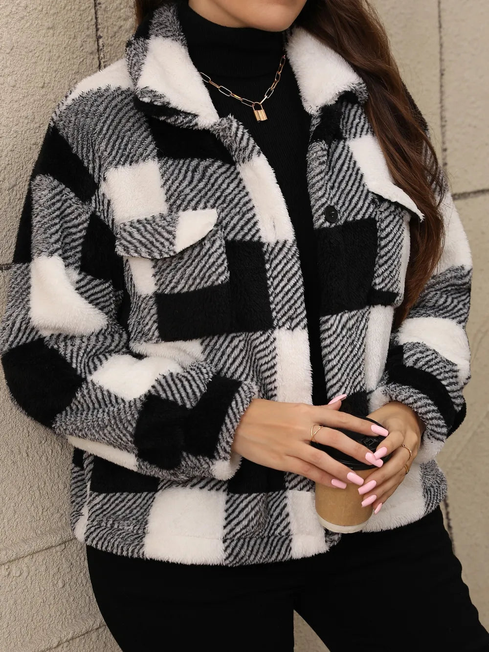 Plus Size Pocketed Plaid Collared Neck Jacket - Godess beauty 