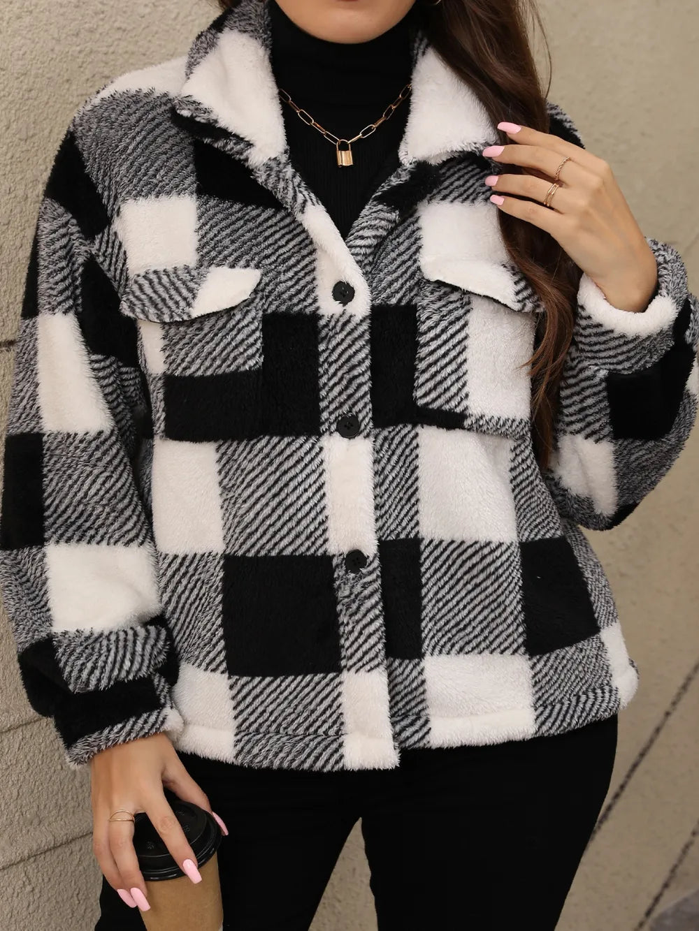 Plus Size Pocketed Plaid Collared Neck Jacket - Godess beauty 