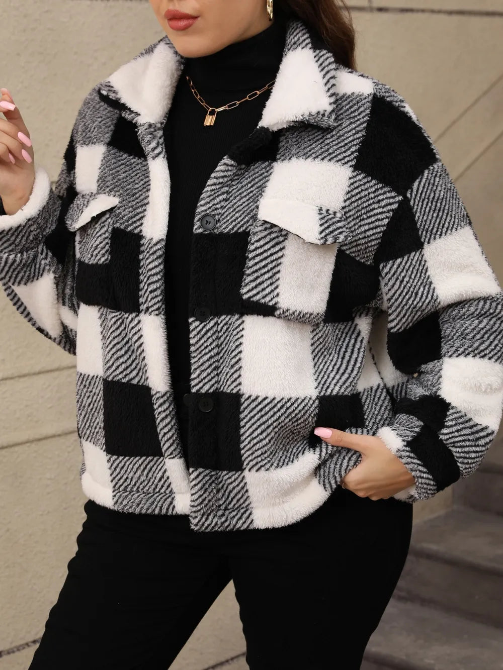 Plus Size Pocketed Plaid Collared Neck Jacket - Godess beauty 