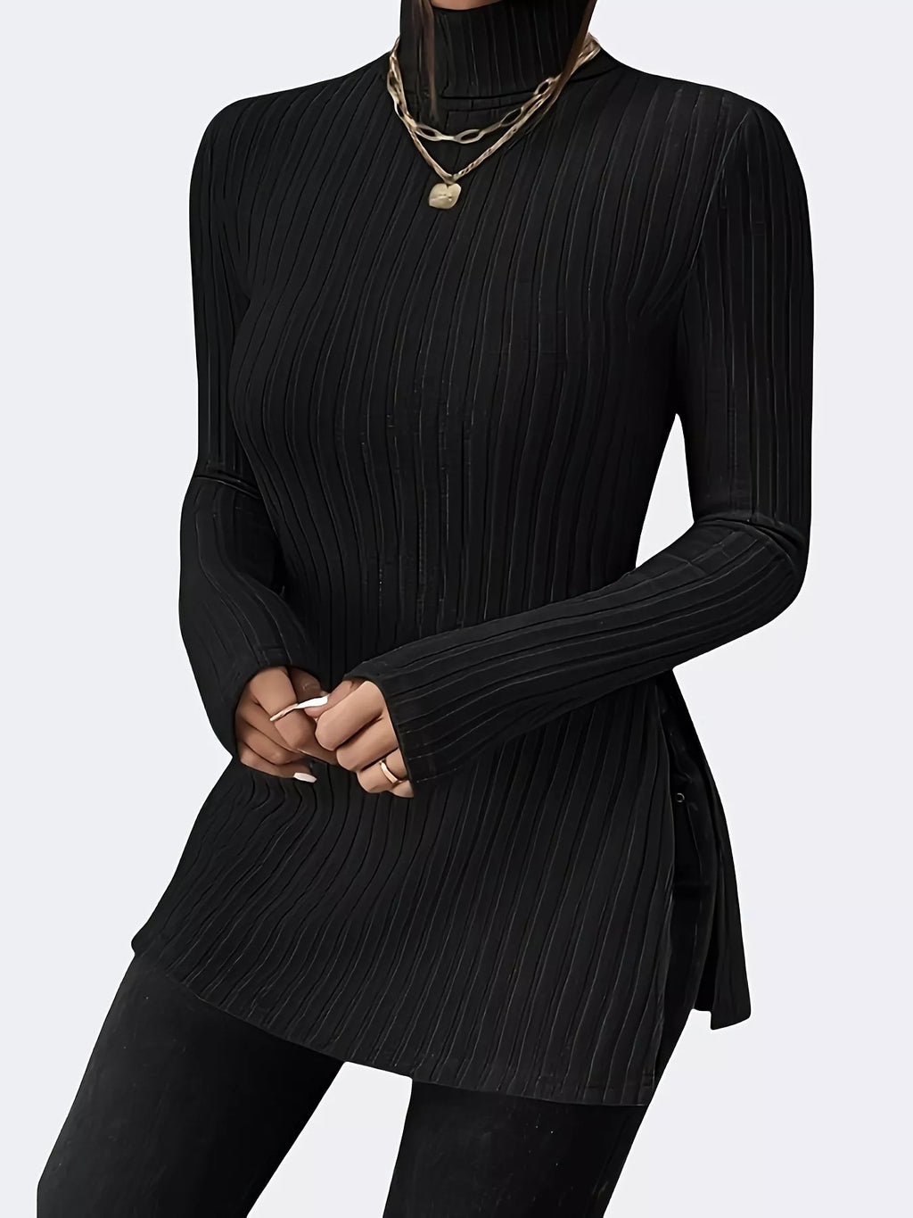 Plus Size Slit Ribbed Turtleneck Long Sleeve T-Shirt - Godess beauty 