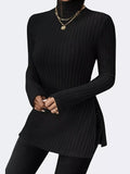 Plus Size Slit Ribbed Turtleneck Long Sleeve T-Shirt - Godess beauty 