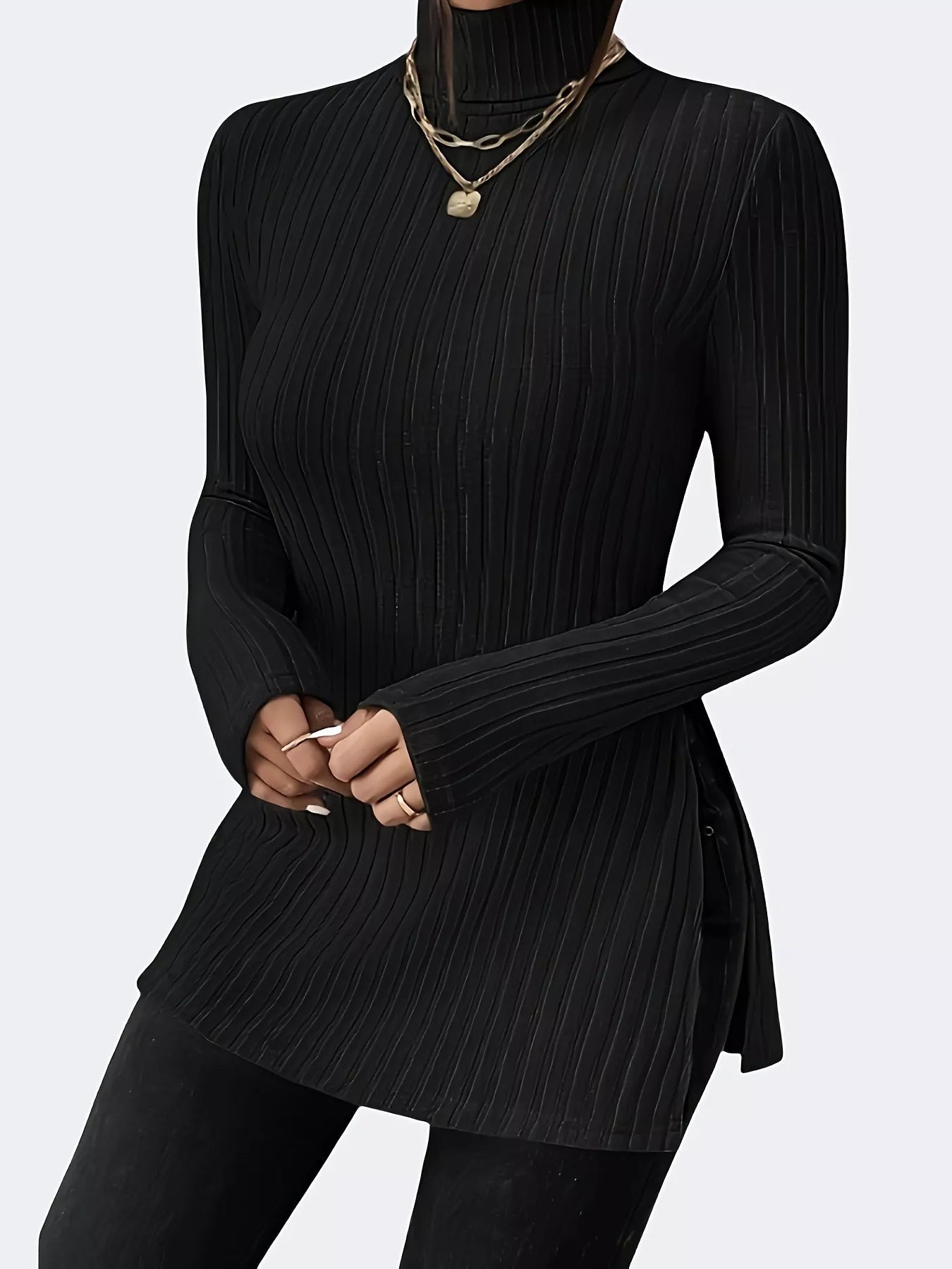 Plus Size Slit Ribbed Turtleneck Long Sleeve T-Shirt - Godess beauty 