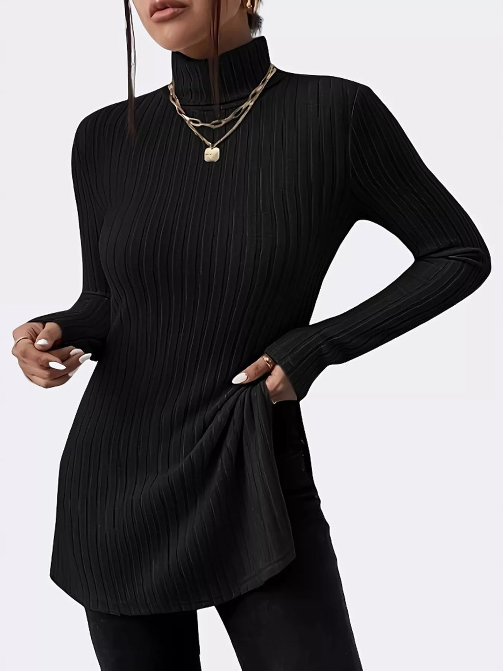 Plus Size Slit Ribbed Turtleneck Long Sleeve T-Shirt - Godess beauty 